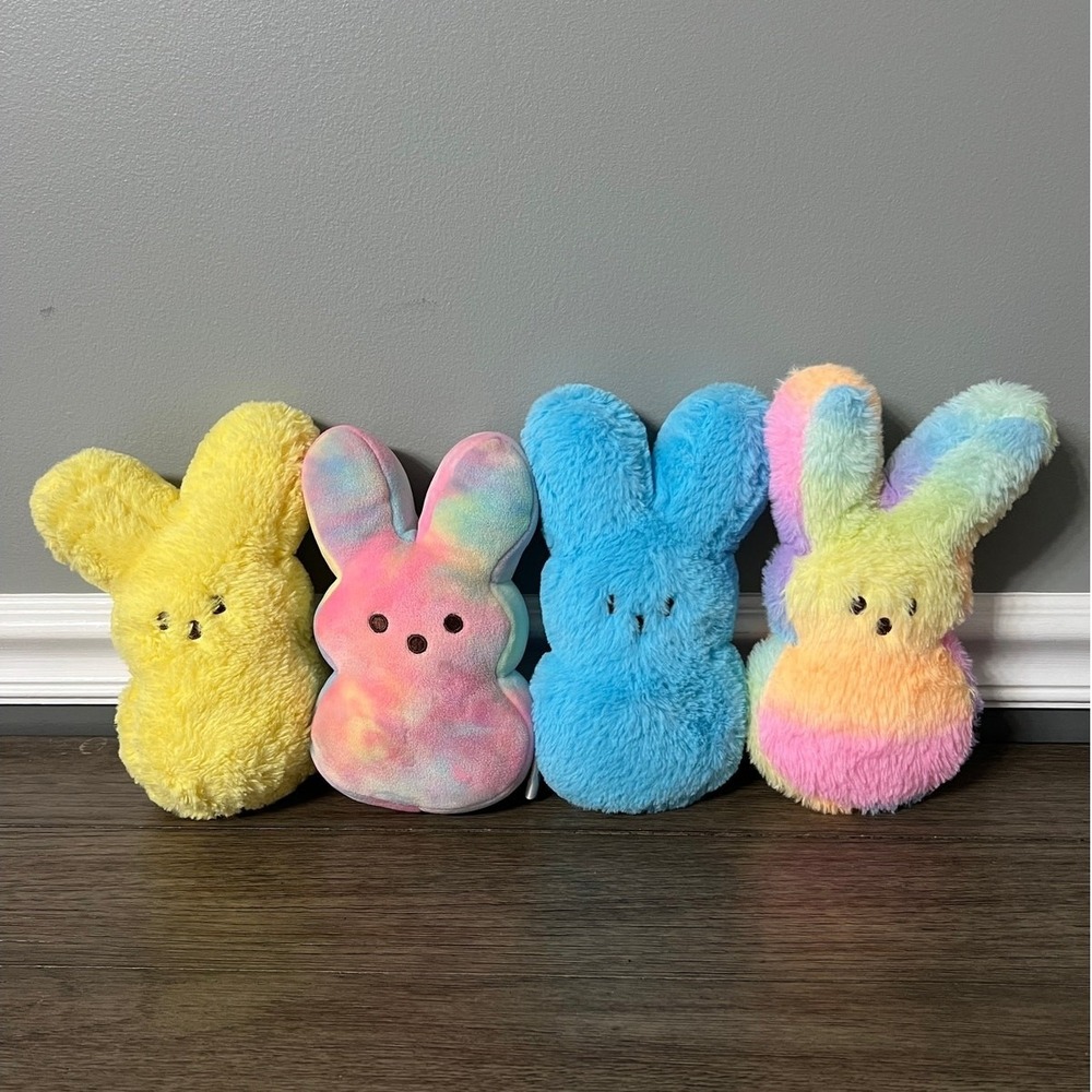 Peeps Easter Bunny Plush Set of 4 Tie Dye Yellow Blue Pink Fuzzy Stuffed Animals